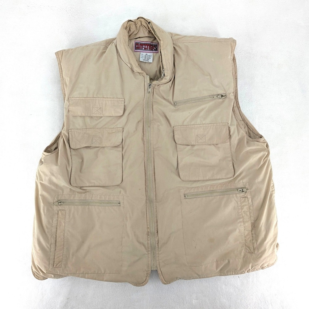 Vtg Outfitters Down Puffer Utility Vest 2X Tan Cargo Fishing Gorpcore Safari
